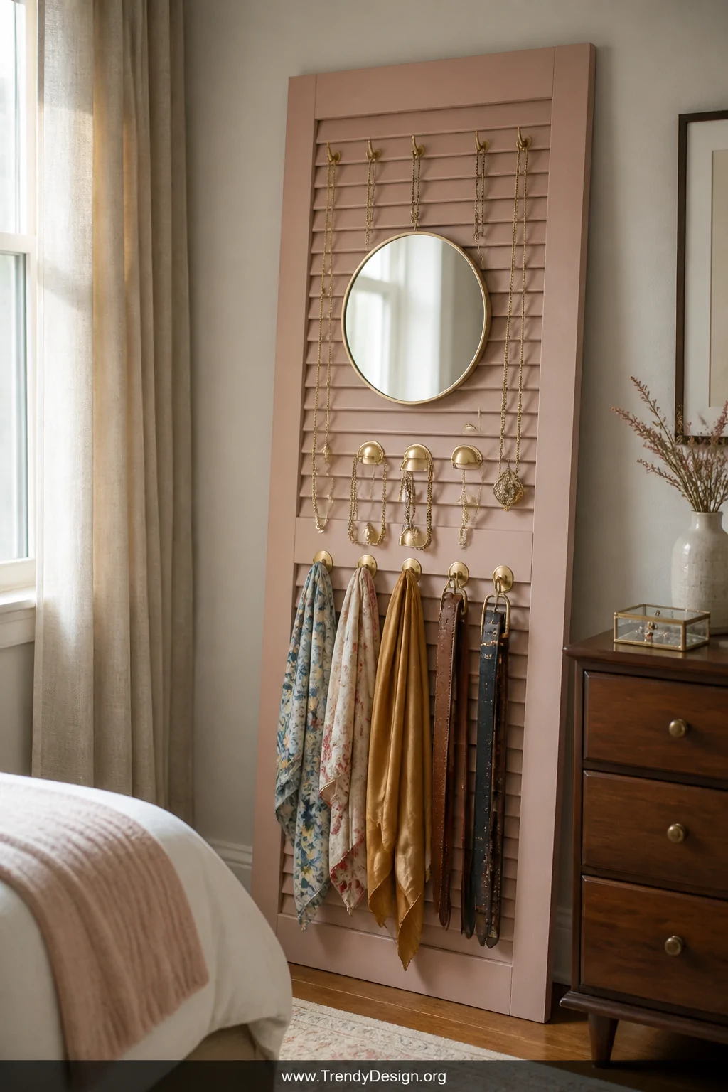 Medium shot of a louvered door leaning against a bedroom wall repurposed as a jewelry organizer, spray-painted blush pink, wi