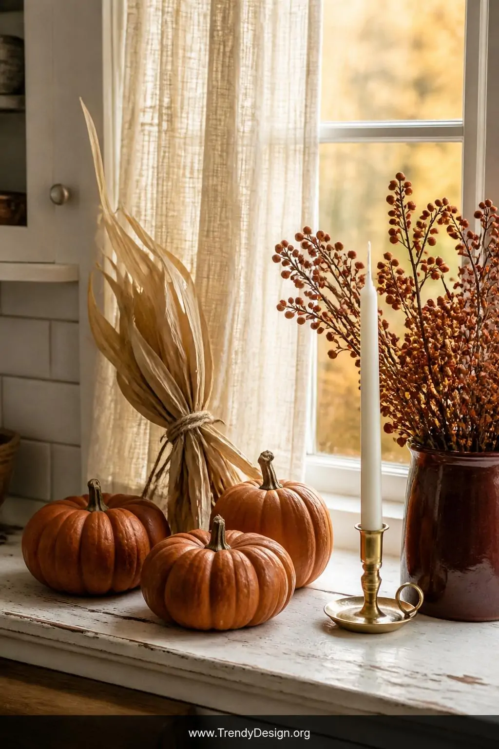 Medium shot of a kitchen windowsill styled as a cozy autumn vignette featuring three miniature terracotta-orange pumpkins, dr
