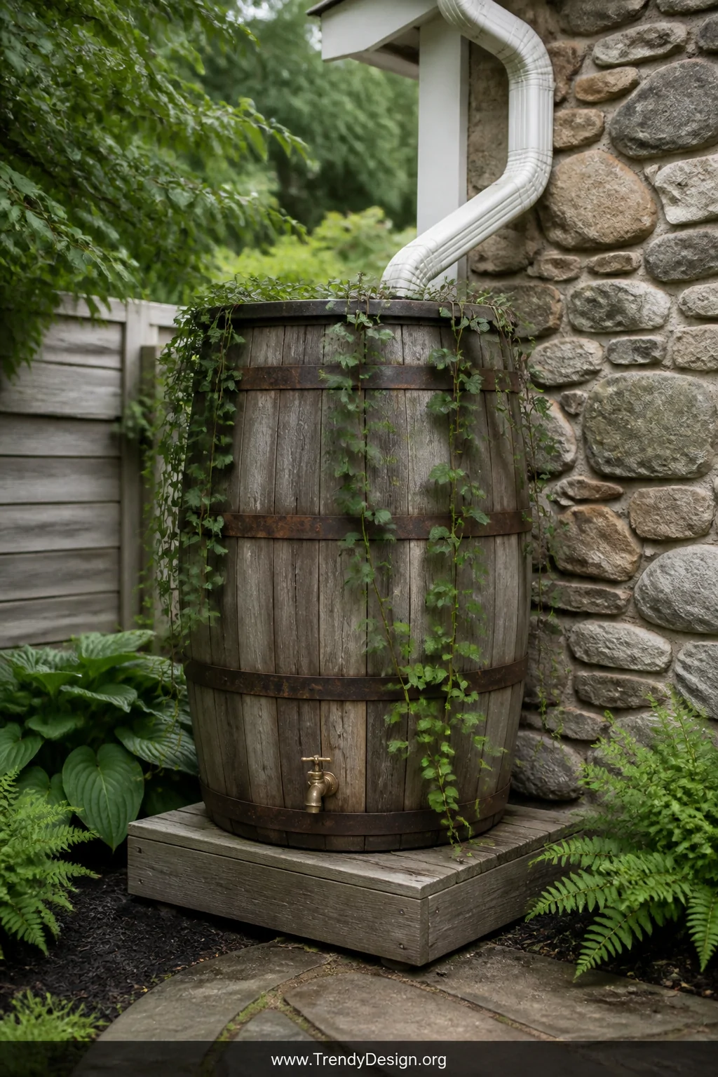 A medium outdoor landscaping shot of a 55-gallon plastic drum rain barrel encased in a weathered cedar wood enclosure, connec