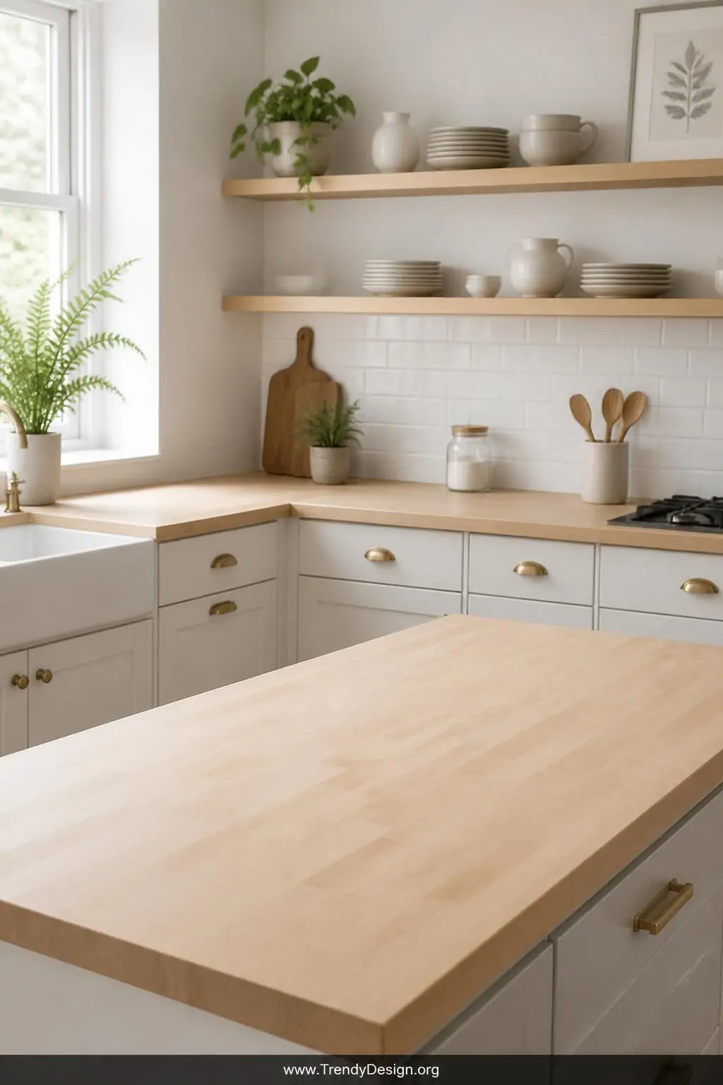 Medium-shot photorealistic interior design image of a serene Scandinavian kitchen showcasing pale birch butcher block counter