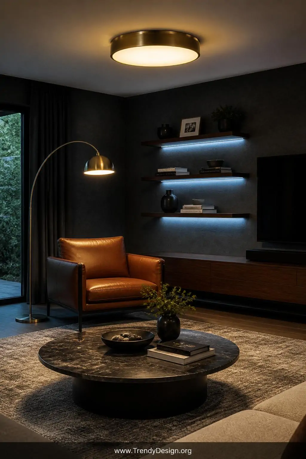 Medium shot of a sophisticated living room showcasing three distinct lighting layers   a brushed brass dimmable LED ceiling f