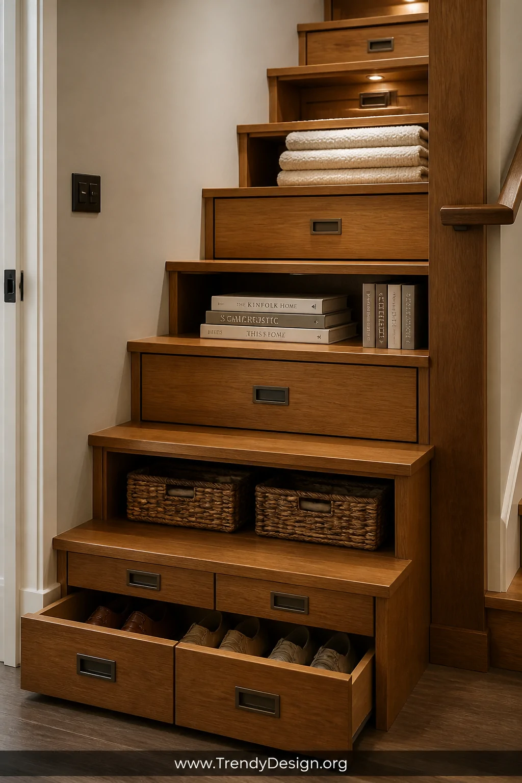 Medium shot of built-in storage staircase with rich honey-toned wood steps featuring flush-mounted drawer pulls on lower cabi