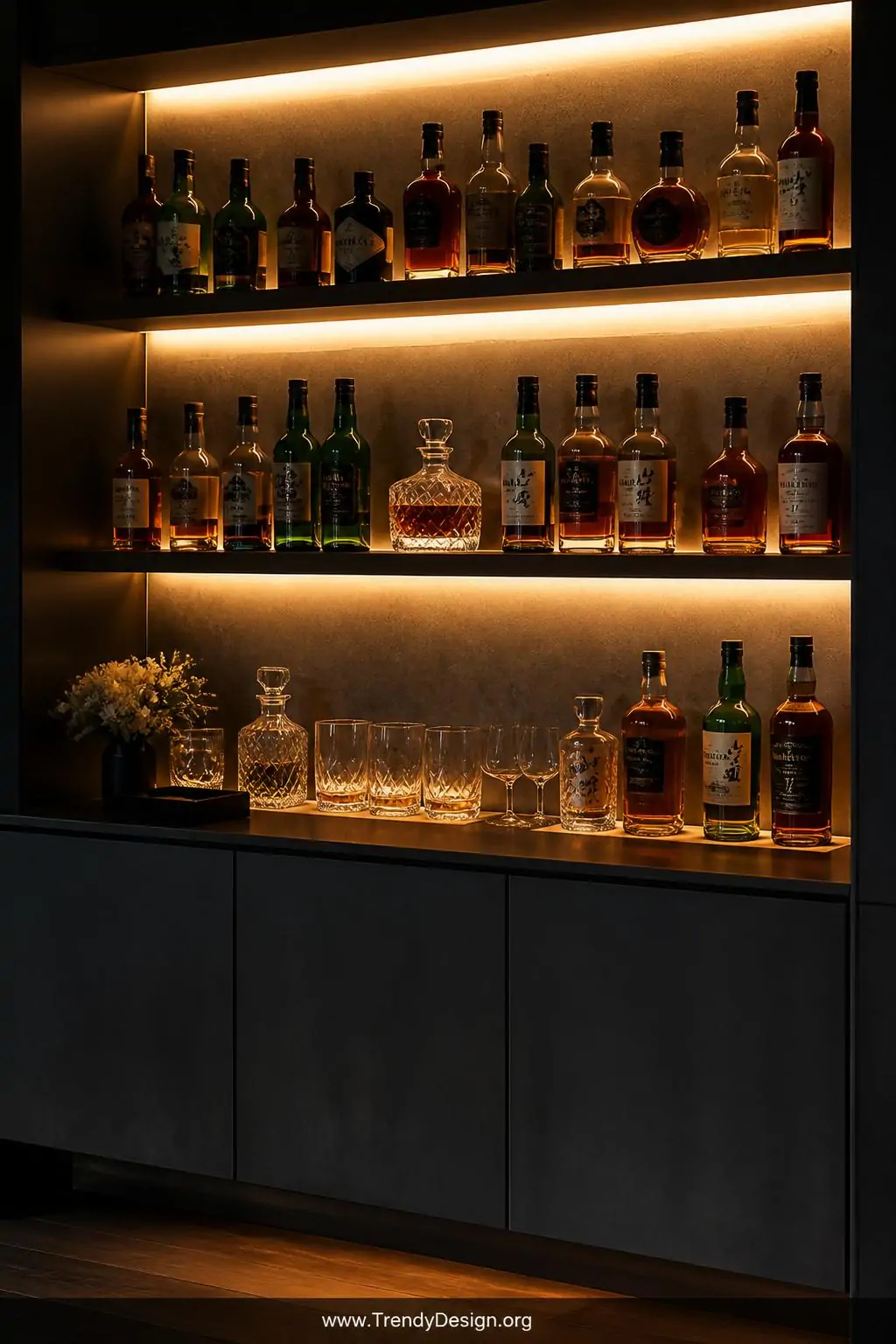 A medium photorealistic shot of open floating bar shelves illuminated by RGB LED strip lights tucked beneath each shelf level