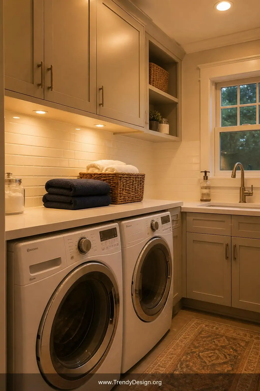 Medium photorealistic interior shot of a crisp laundry room bathed in warm 2700K golden-toned LED light emanating from recess