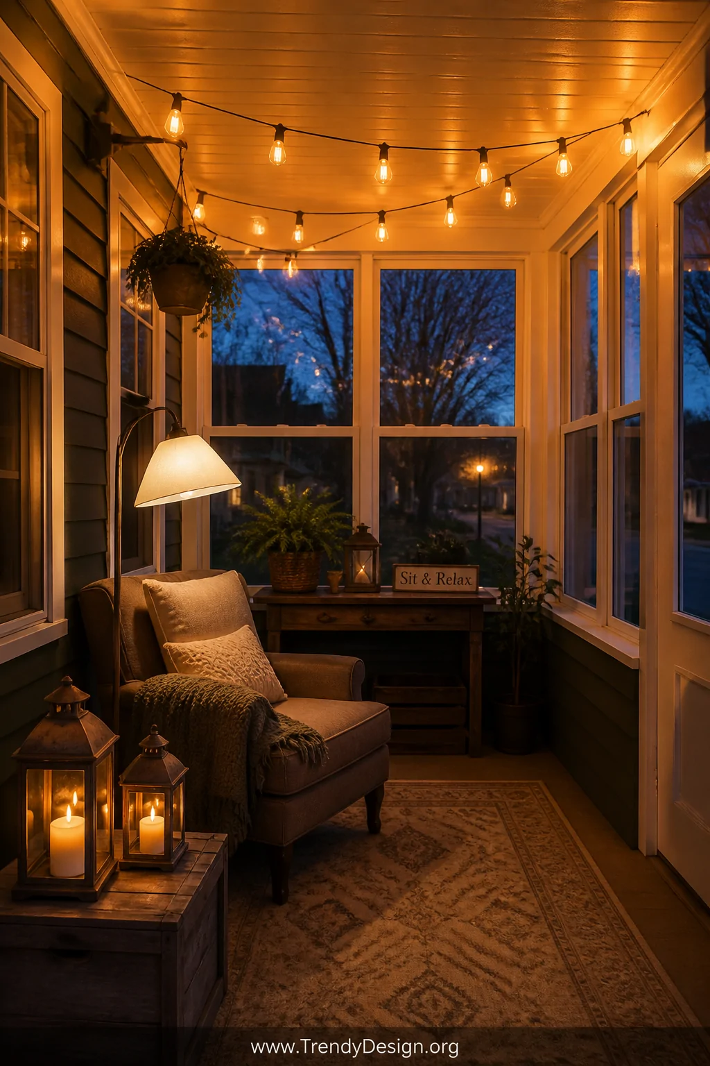 Medium photorealistic shot of an enclosed front porch at dusk with warm golden string lights draped across the ceiling castin