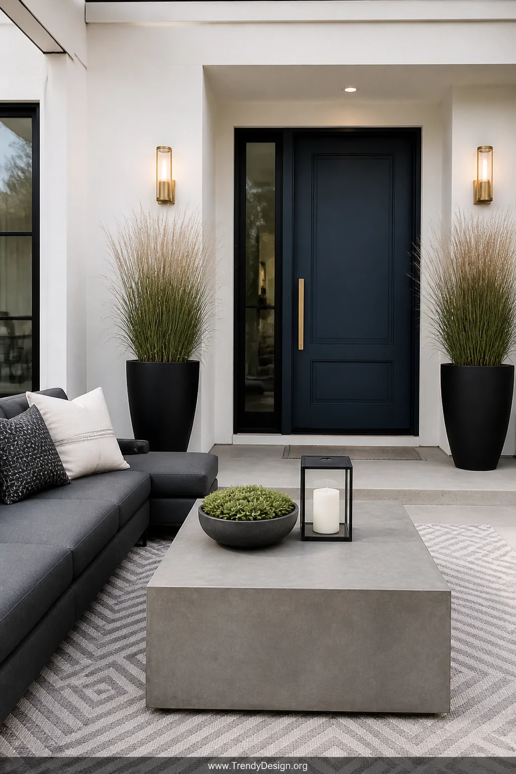 Medium shot of a modern minimalist large front porch with a low-profile charcoal grey weatherproof sectional sofa, a smooth c