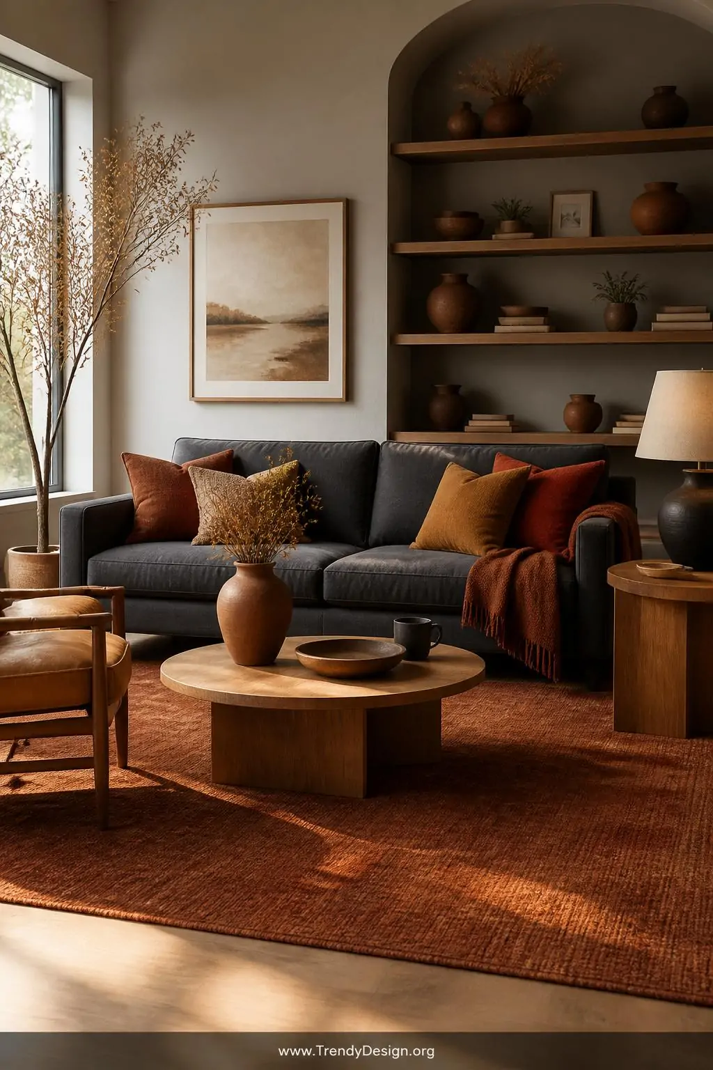 A medium-shot photorealistic interior of a warm living room where a deep dark grey sofa sits grounded by a burnt terracotta a