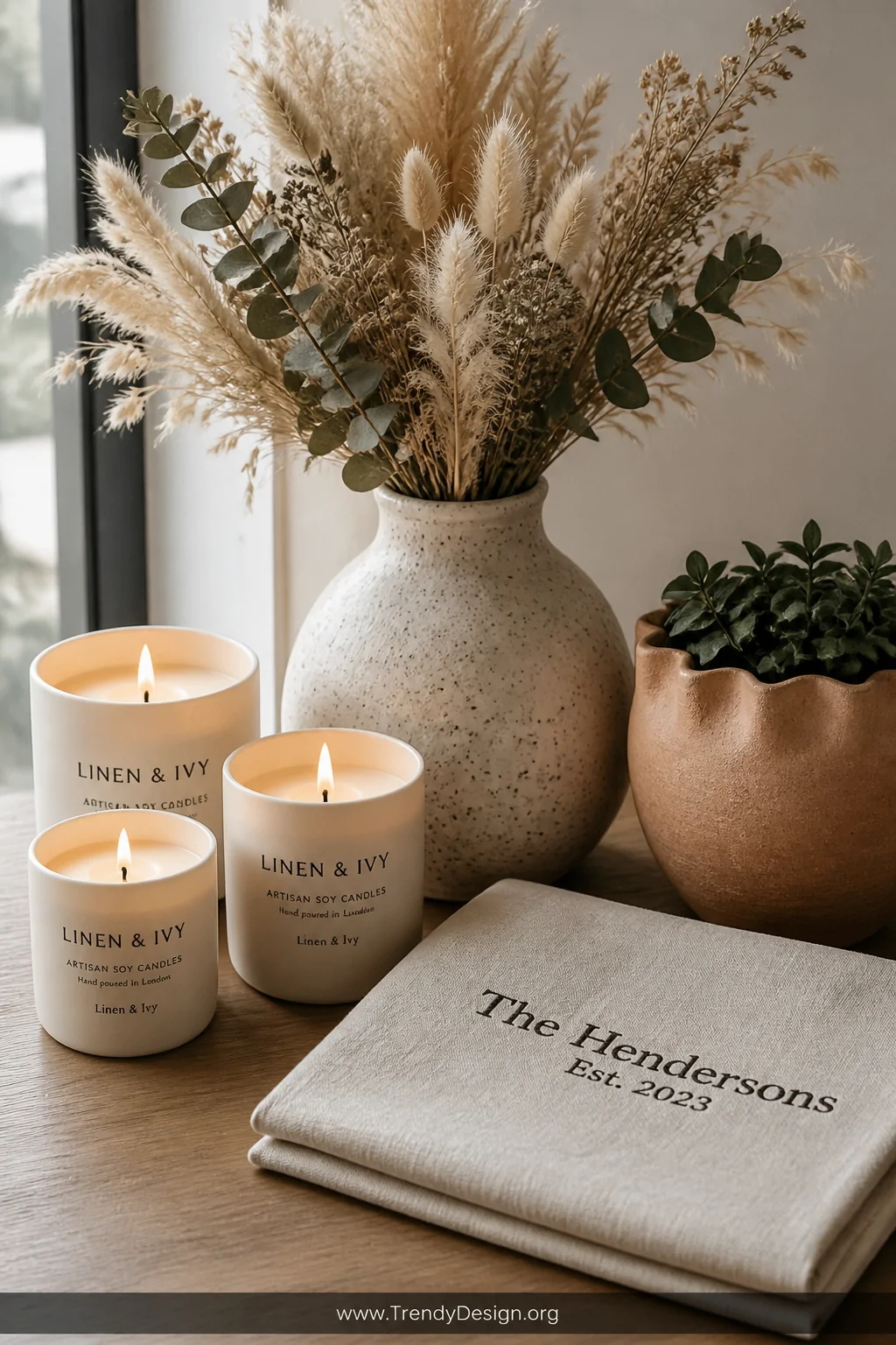 Close-up detail shot of a styled wooden tabletop vignette featuring three hand-poured soy wax candles in matte ivory vessels,