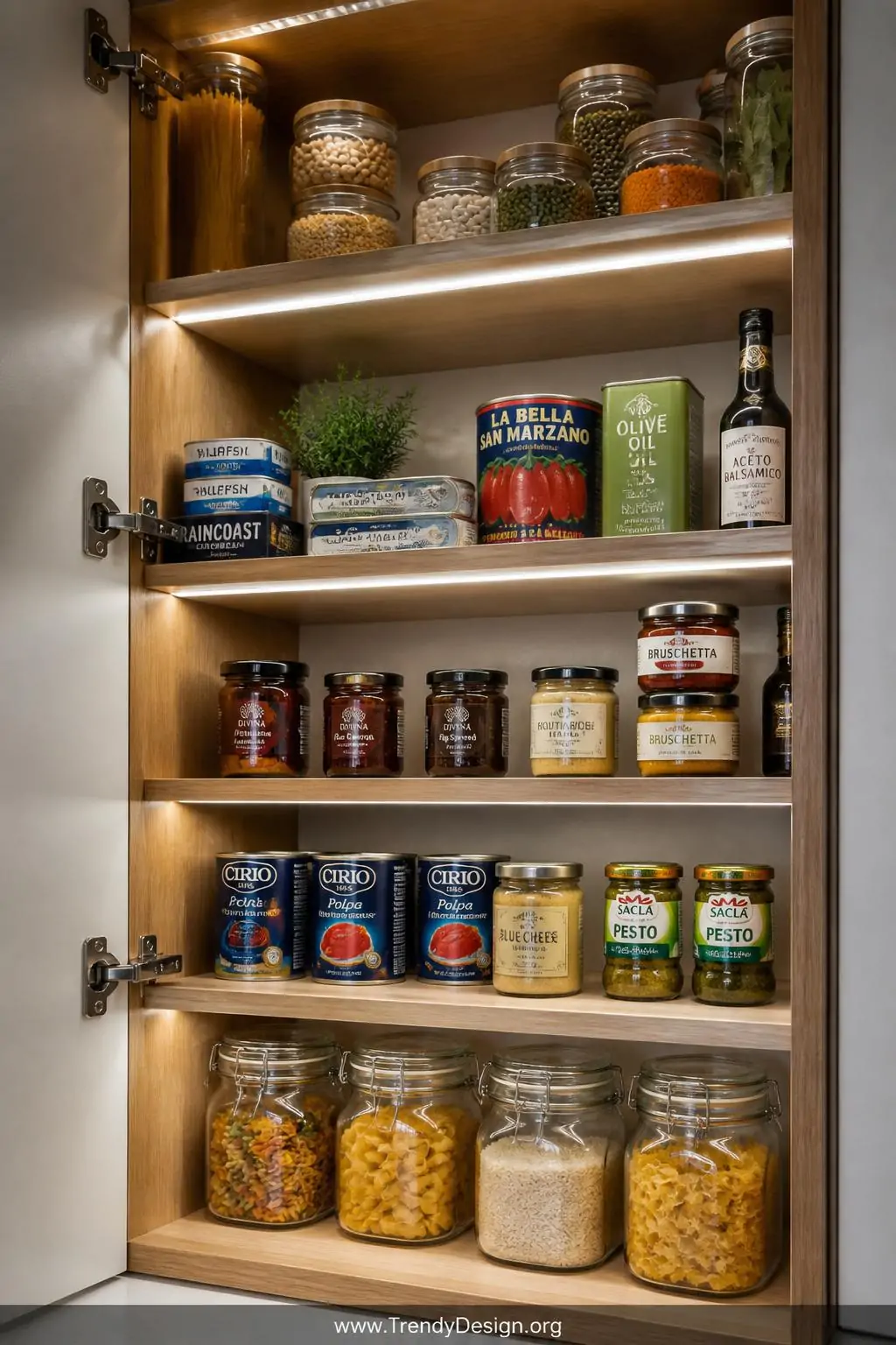 Close-up photorealistic shot inside an open pantry cabinet, bright cool LED strip lights with built-in motion sensors illumin
