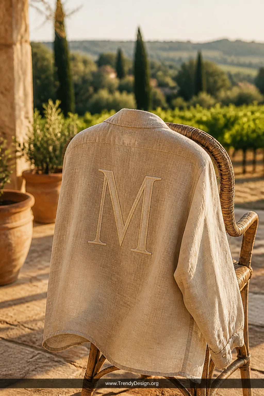 A medium shot of a breezy natural linen shirt draped over a weathered rattan chair on a sunlit vineyard terrace, oversized bo