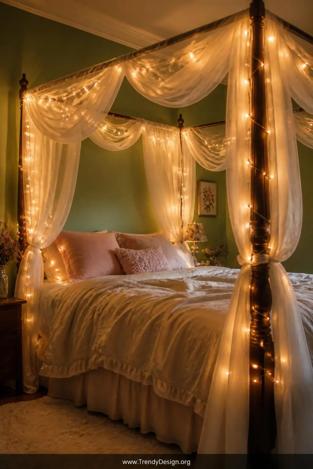 Medium photorealistic interior shot of a dreamy canopy bed draped in sheer white curtains with warm white copper-wire fairy l