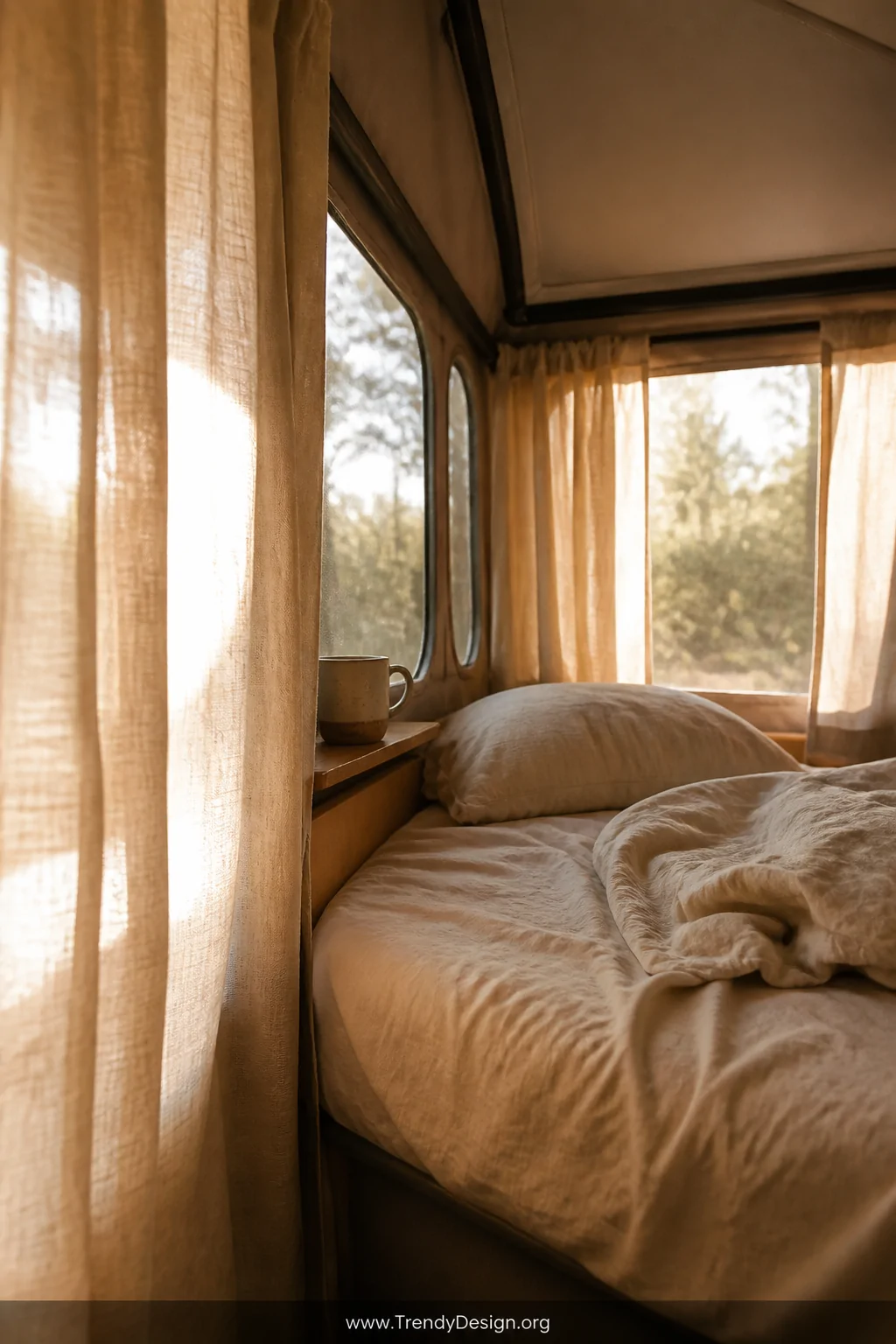 Medium interior shot of a cozy pop-up camper sleeping bunk bathed in warm golden morning light filtering through floor-length