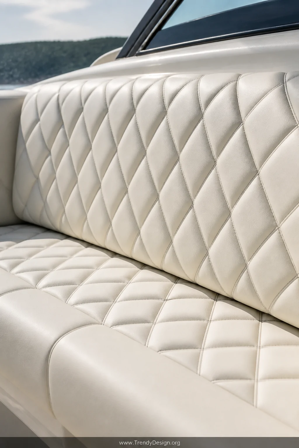 Close-up detail shot of diamond tufted cream marine-grade vinyl upholstery on a boat seating bench with elegant contrast dark