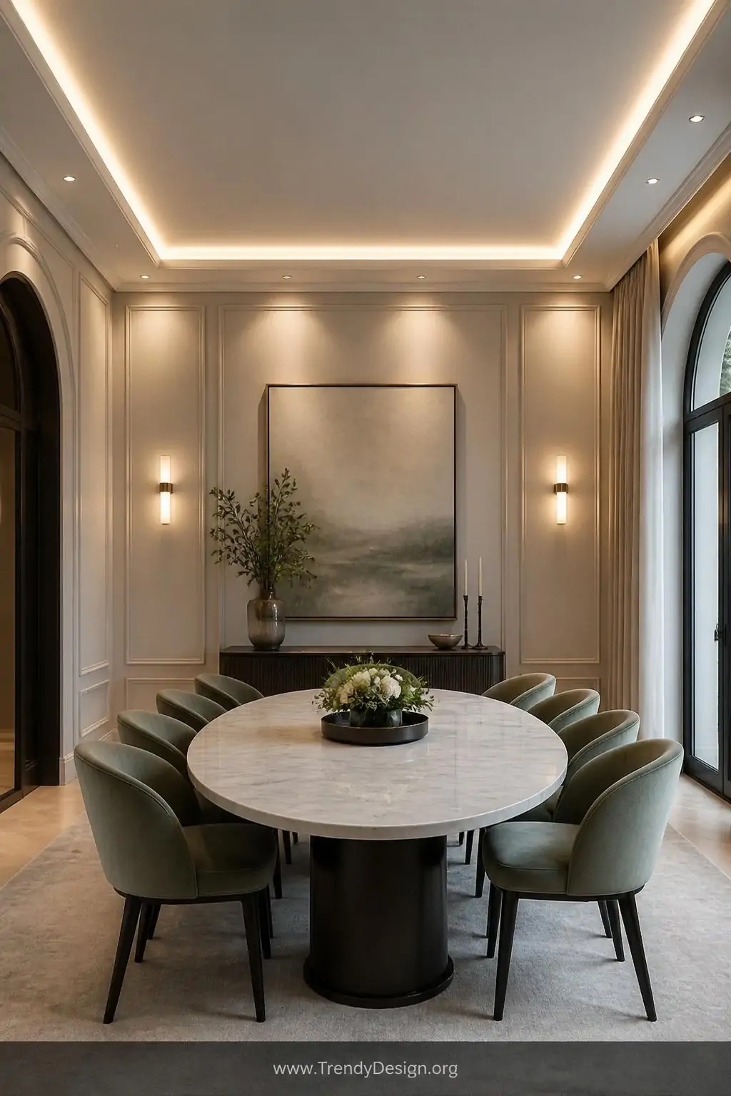 A medium photorealistic interior shot of an elegant dining room where recessed lights line the perimeter of the ceiling in a 