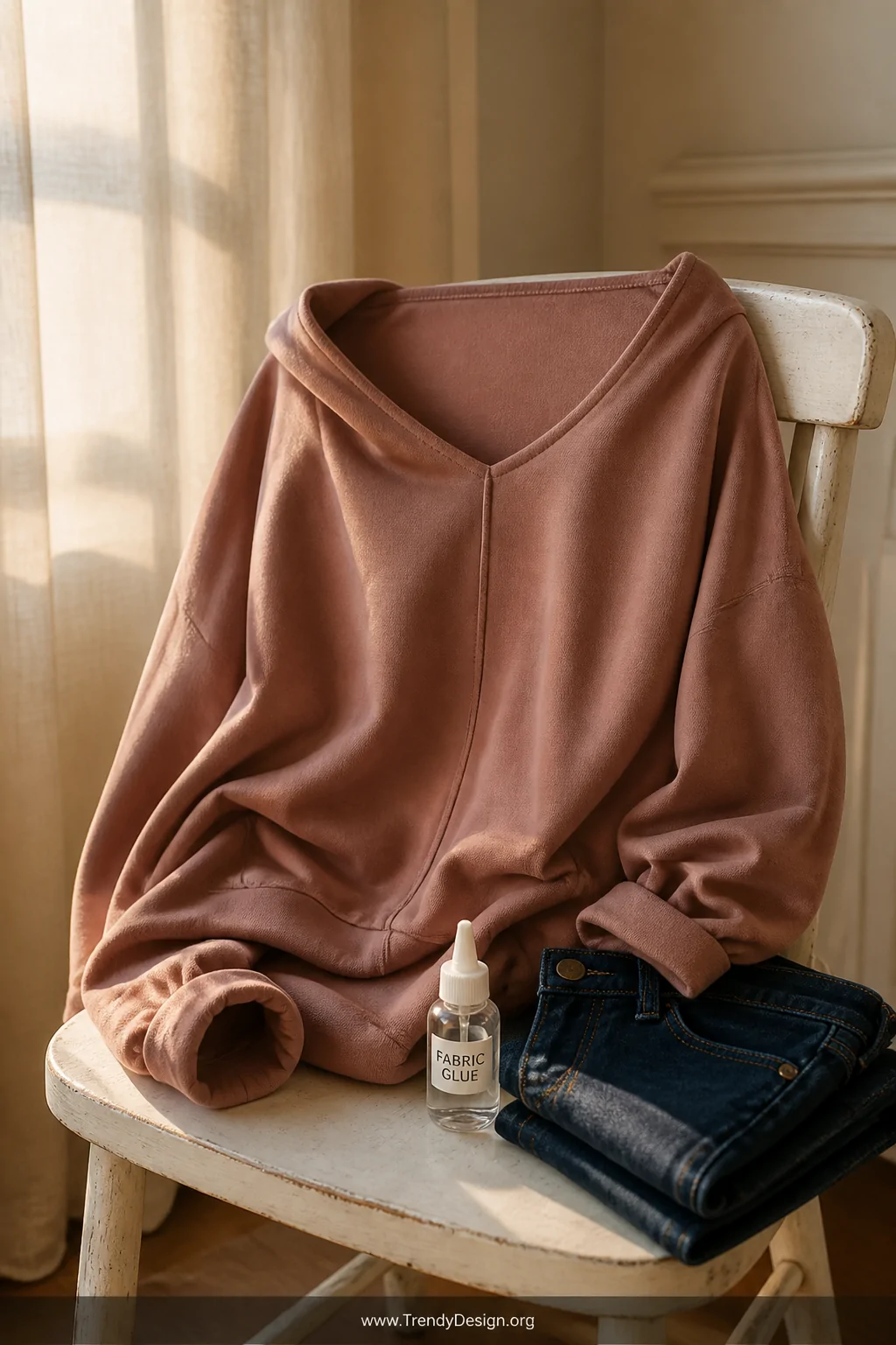 A medium close shot of an oversized dusty rose hoodie draped over a white painted wooden chair, the wide off-the-shoulder nec