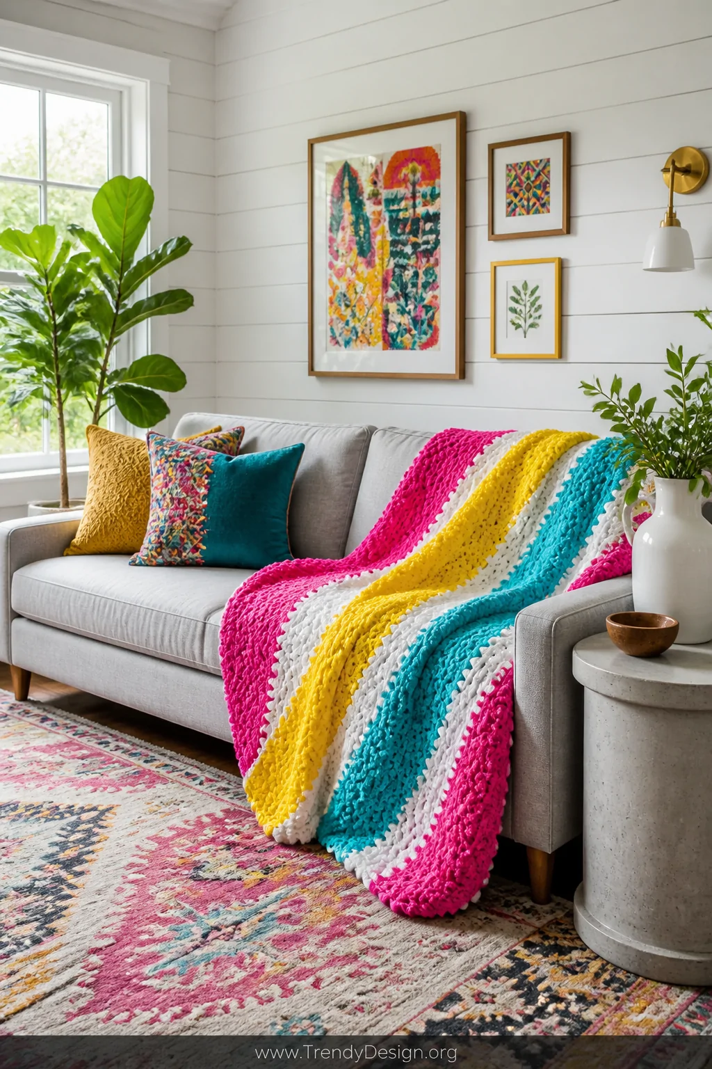 A modern maximalist living room sofa styled with a bold crocheted throw blanket featuring vivid stripes of hot pink, electric