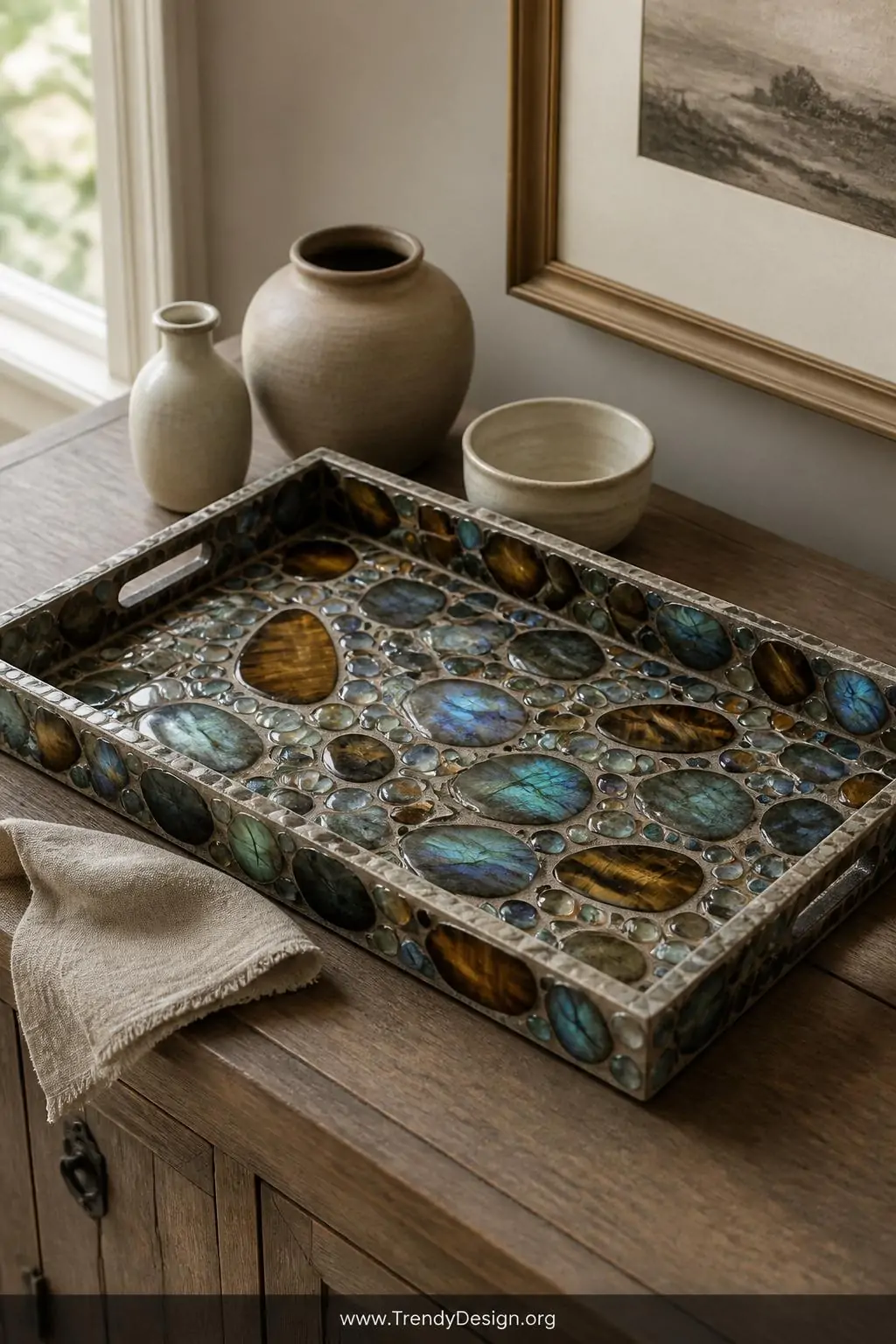 A medium-shot styled flat lay on a rustic dining sideboard showcasing a rectangular wooden mosaic tray completely surfaced wi