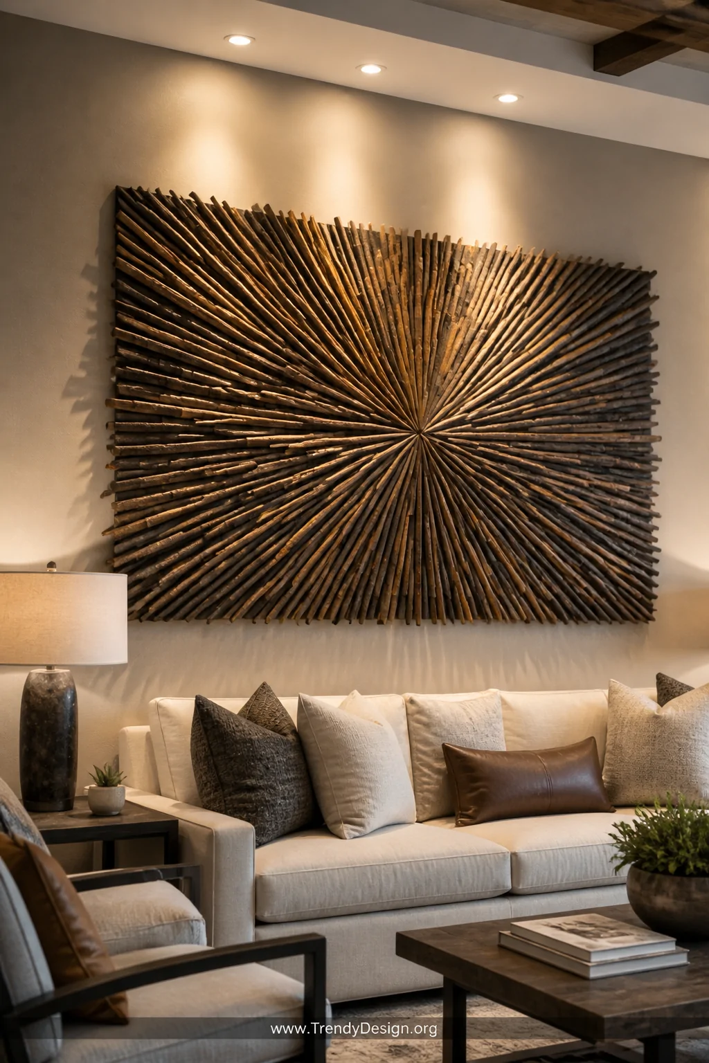 A large abstract stick wall art installation mounted on a warm greige painted wall above a linen sofa, featuring a dramatic s