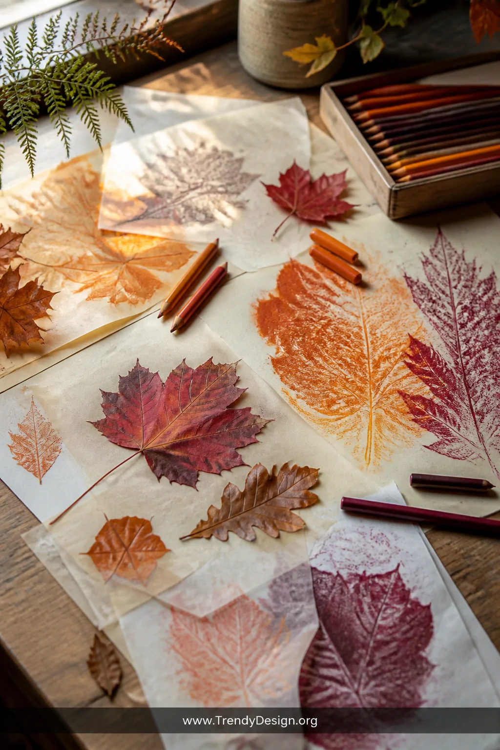 A medium shot of a rustic wooden desk surface scattered with richly colored autumn leaf rubbings layered in ombre gradients f