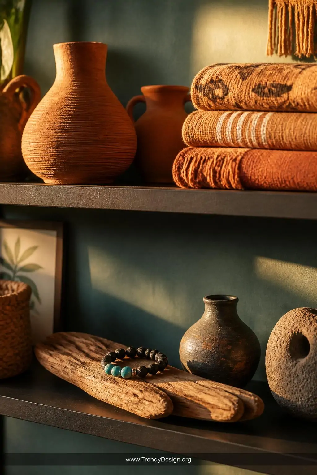 Medium shot of a sun-warmed bohemian shelf styled with rough terracotta pottery, folded woven textiles in camel and rust tone