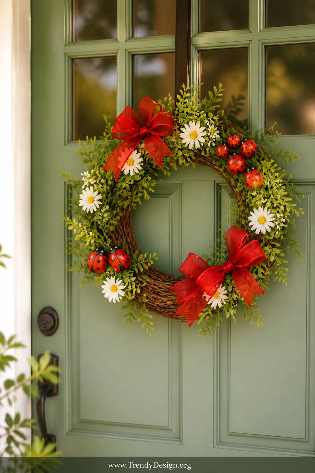 A charming front door close-up featuring a 12-inch grapevine wreath layered with lush faux greenery sprigs, clusters of red a