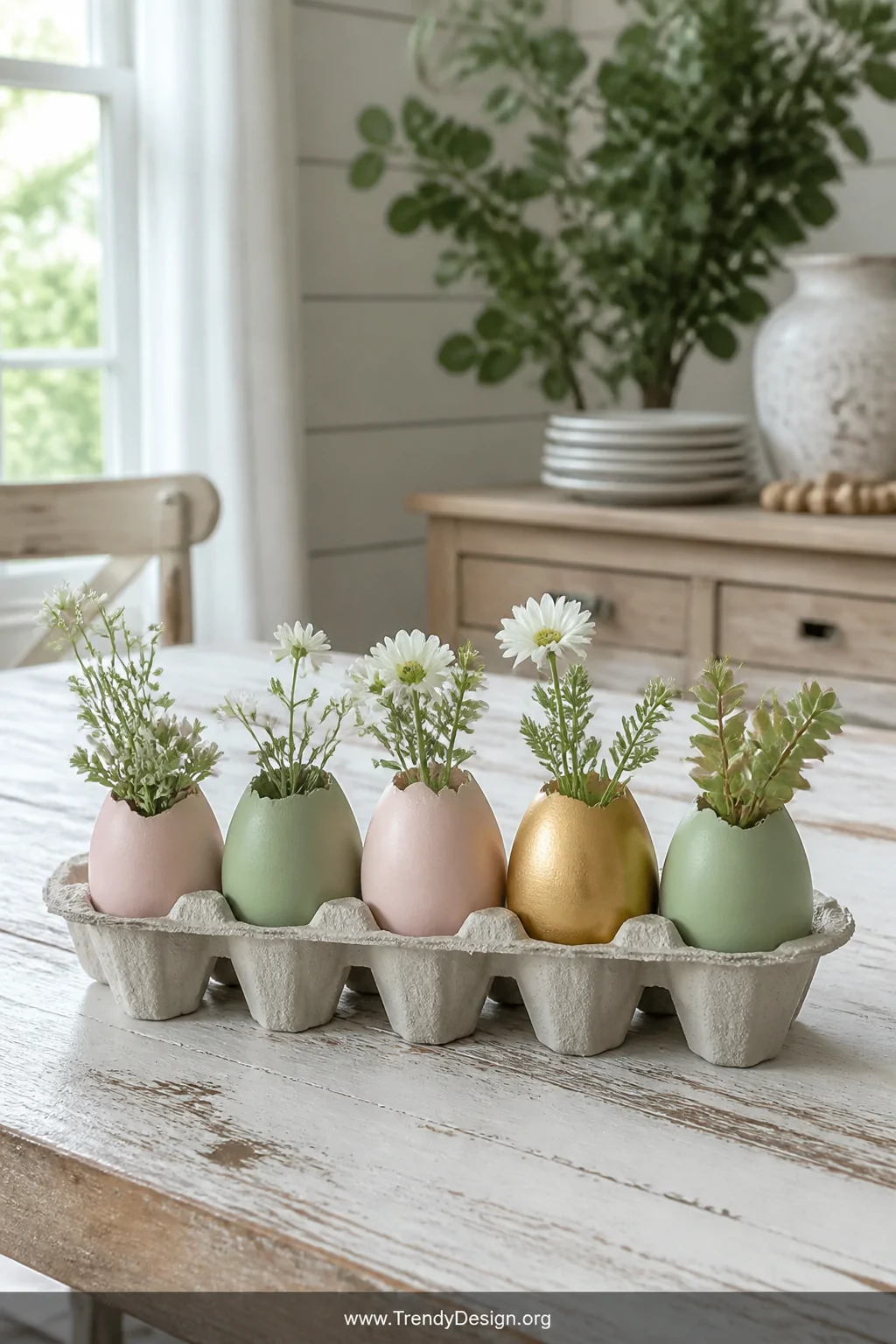 Medium shot of a rustic farmhouse dining table centerpiece featuring a weathered egg carton holding six intact eggshell vases