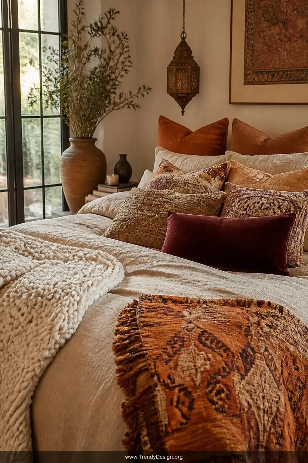 Medium photorealistic shot of a richly layered boho bed styled with a natural linen duvet beneath a chunky cream knit blanket