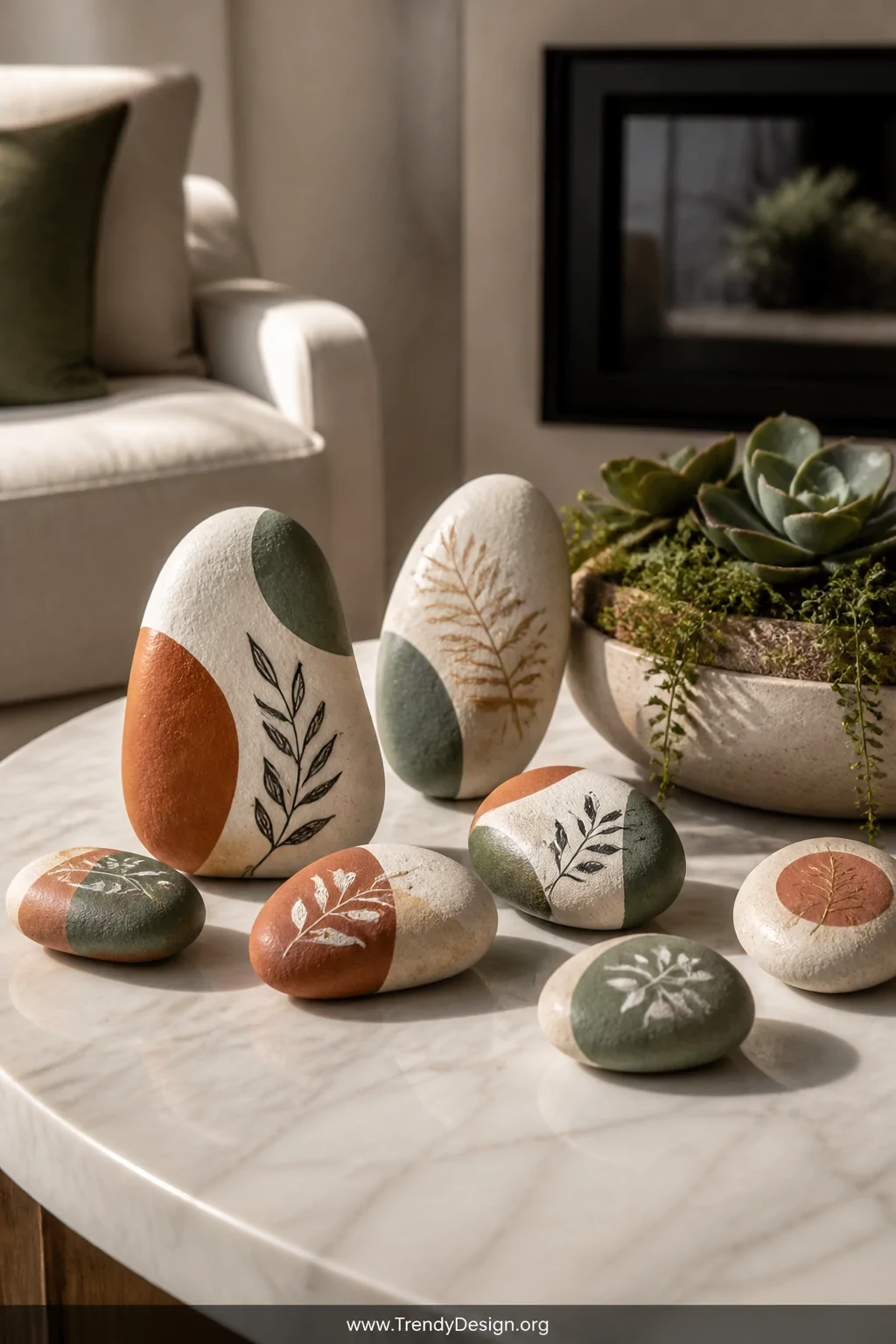 A medium-shot photorealistic styled vignette of a light marble coffee table surface displaying a sculptural arrangement of ha