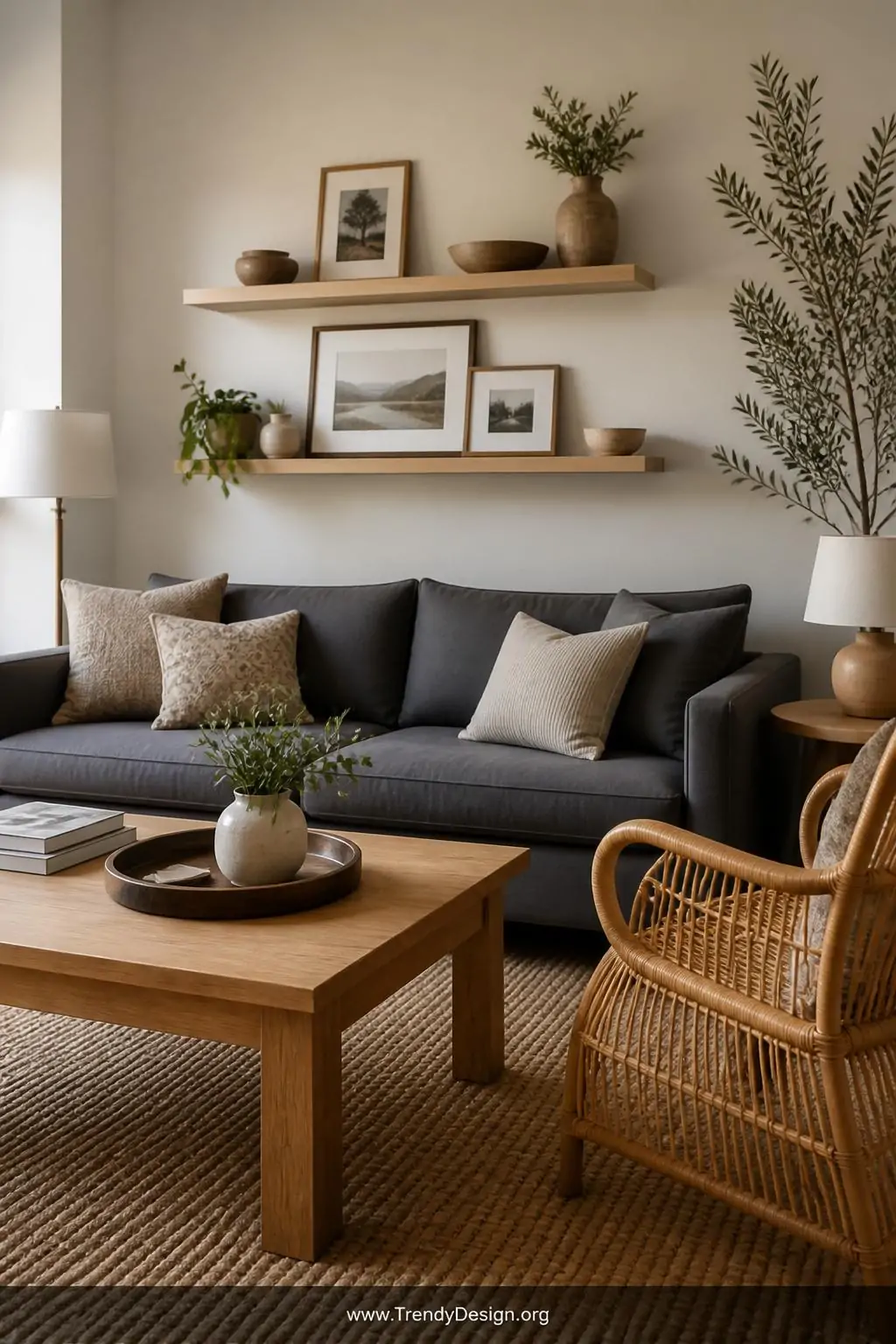 Medium photorealistic interior shot of a neutral living room where a dark grey sofa is anchored by a light oak coffee table w