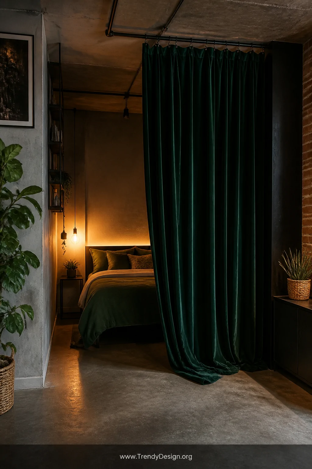 Medium photorealistic interior shot of a loft bedroom nook separated by floor-to-ceiling deep emerald velvet curtains hung fr