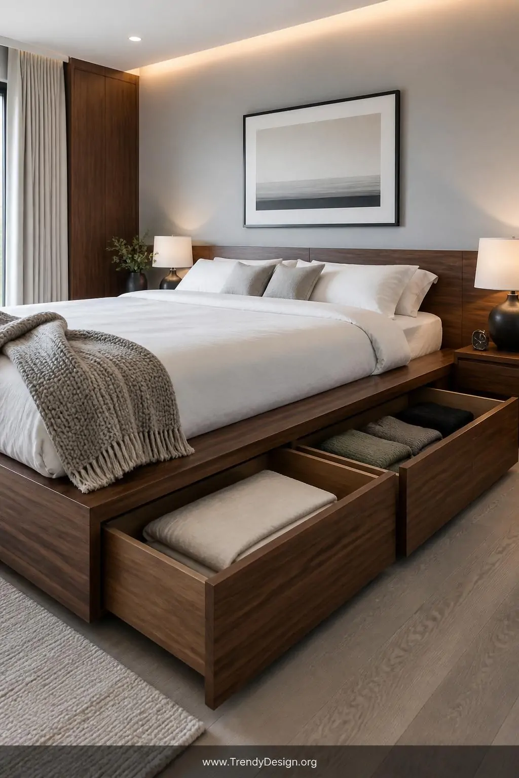 Medium photorealistic interior design shot of a low-profile walnut platform bed with wide pull-out storage drawers partially 
