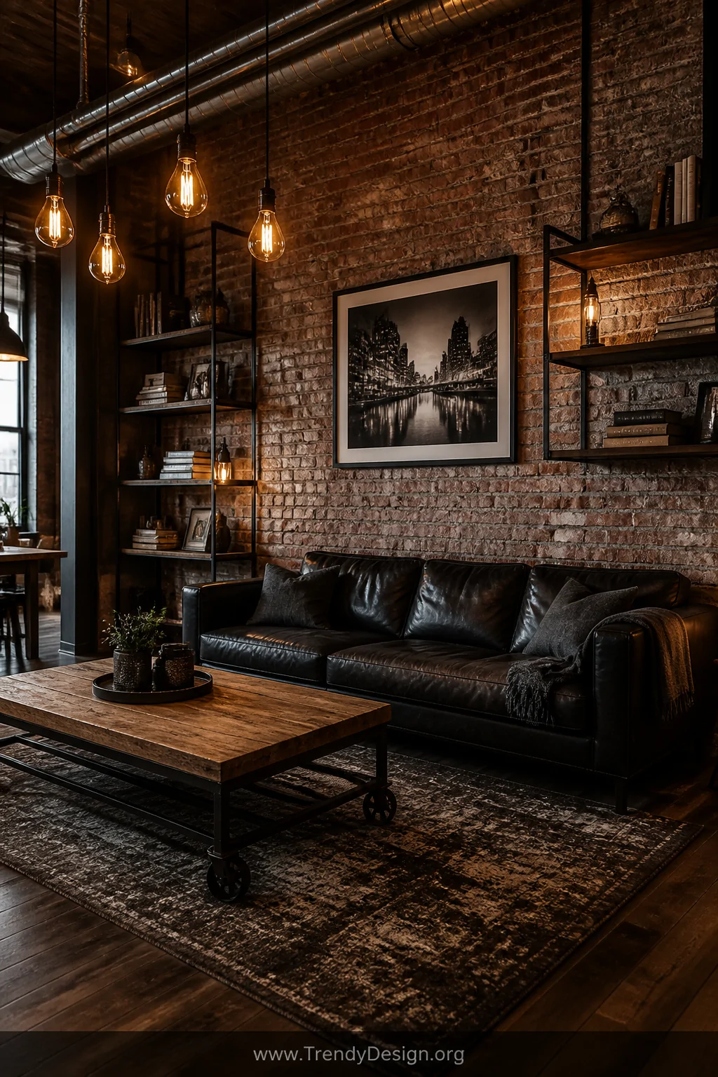 Medium-distance photorealistic interior shot of a moody industrial loft living room with a black leather couch positioned aga