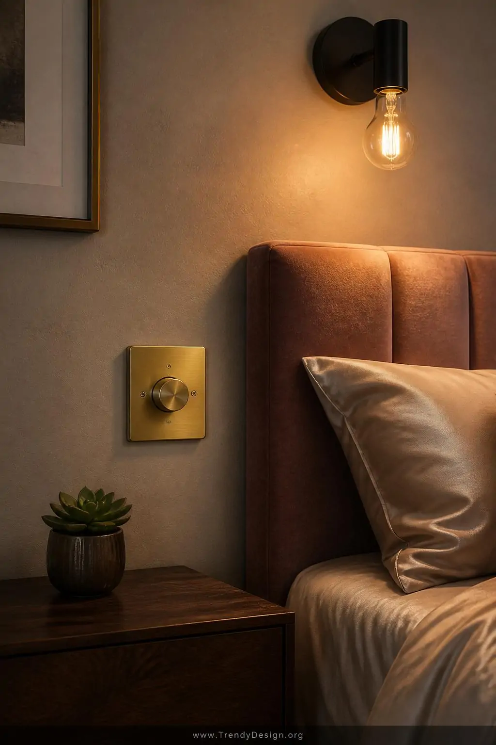 A medium-shot photorealistic interior design photograph of a sophisticated bedroom wall featuring a brushed brass dimmer swit