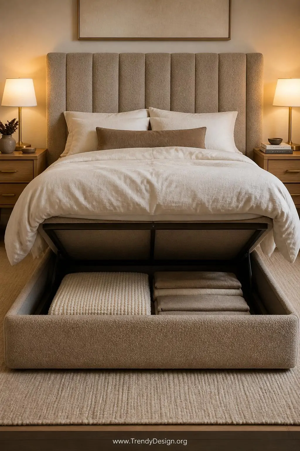A photorealistic medium shot centered on a sculptural upholstered bed frame in warm taupe boucle fabric with a tall channeled