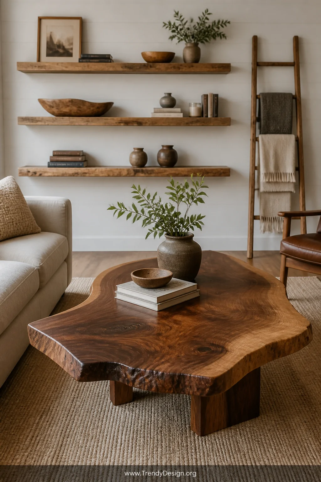 Medium photorealistic interior shot of a live-edge walnut coffee table as the room's anchor, reclaimed pine floating shelves 