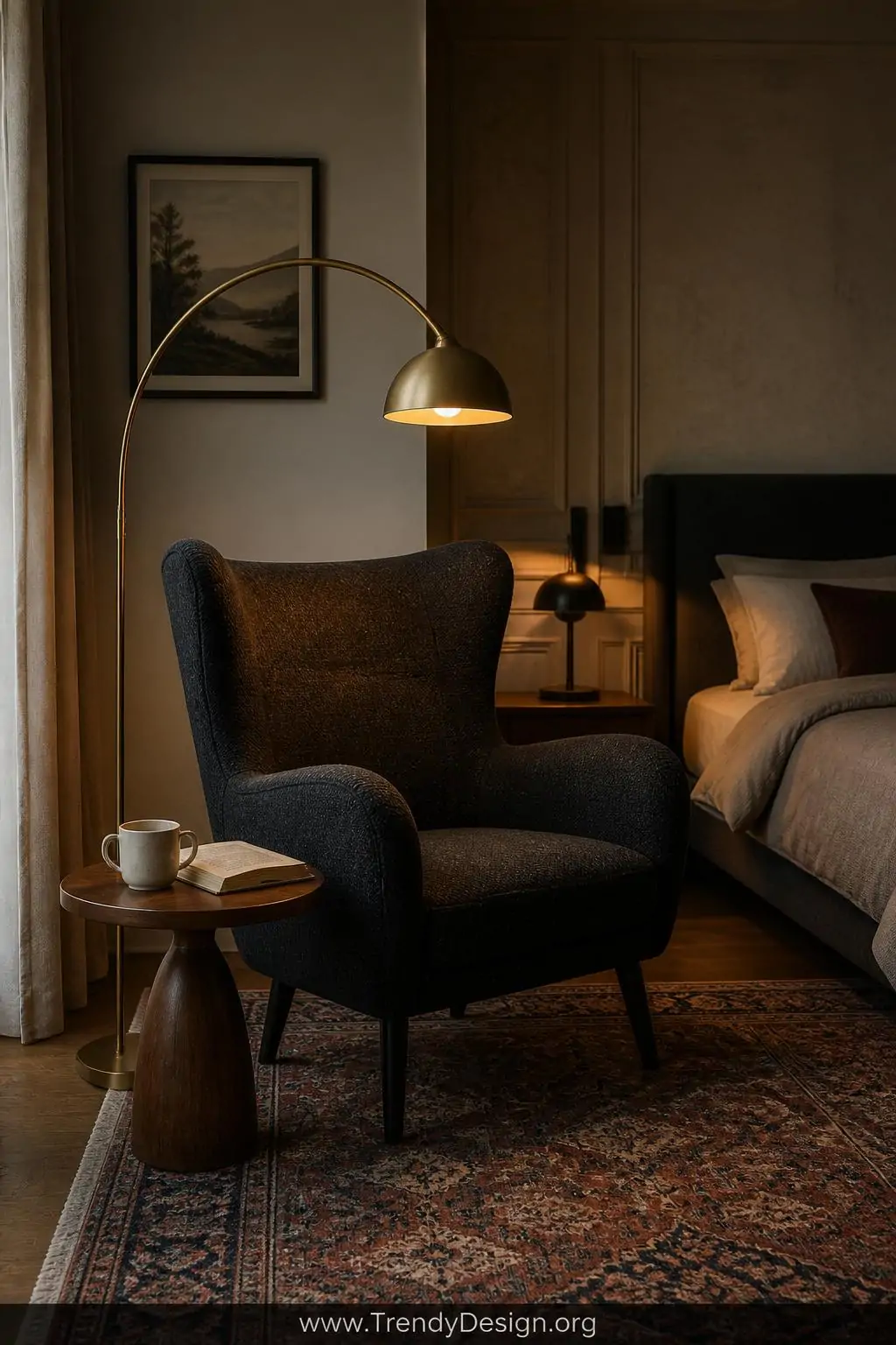 A plush charcoal boucle accent chair with high curved back and padded armrests positioned in a transformed bedroom corner, a 