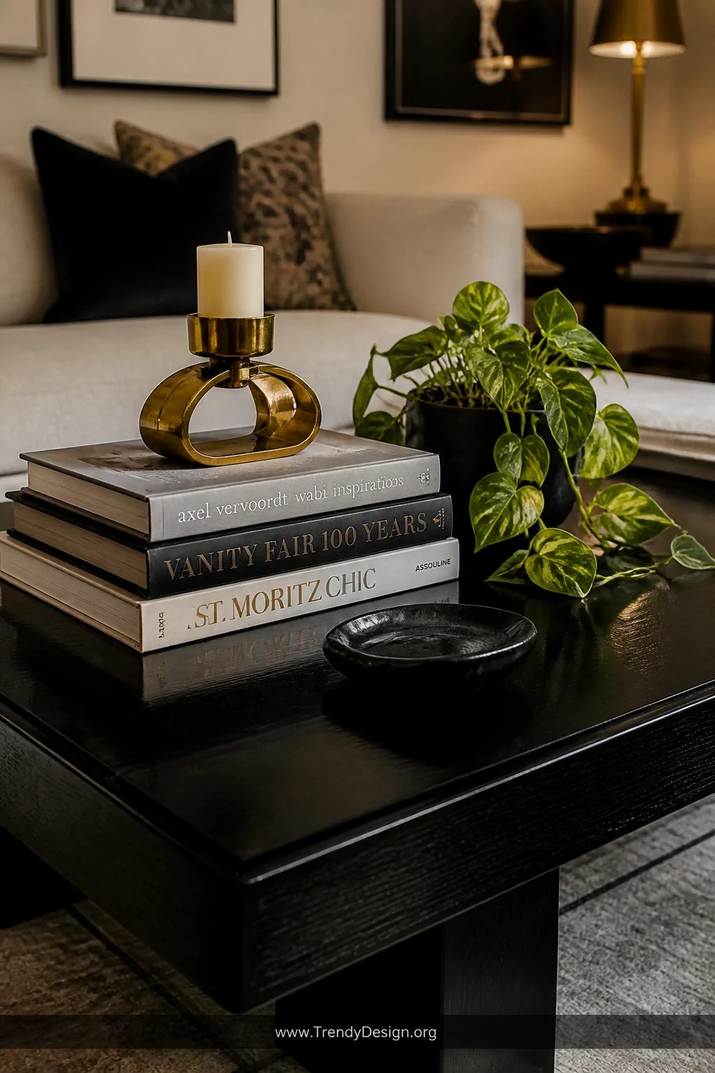 Medium photorealistic shot of a sophisticated black lacquered wood coffee table styled as a curated vignette, stacked oversiz