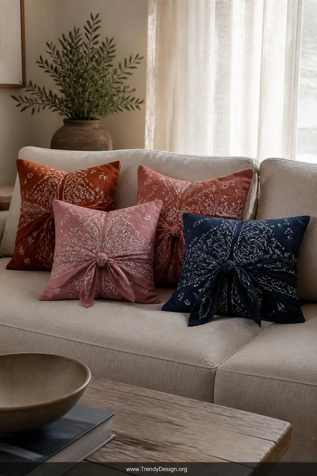 Medium shot of a cream linen sofa scattered with small throw pillows wrapped in knotted bandanas, featuring paisley patterns 
