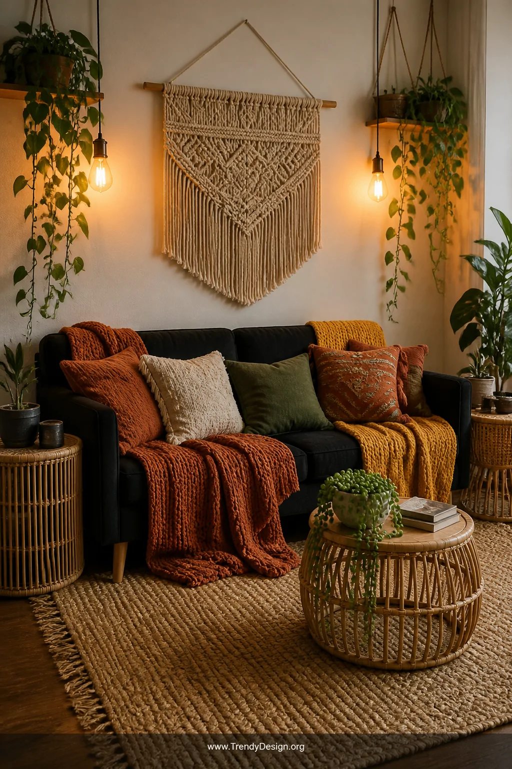 Medium shot of a boho living room centered on a black sofa draped with chunky knit throws in terracotta and mustard yellow, m