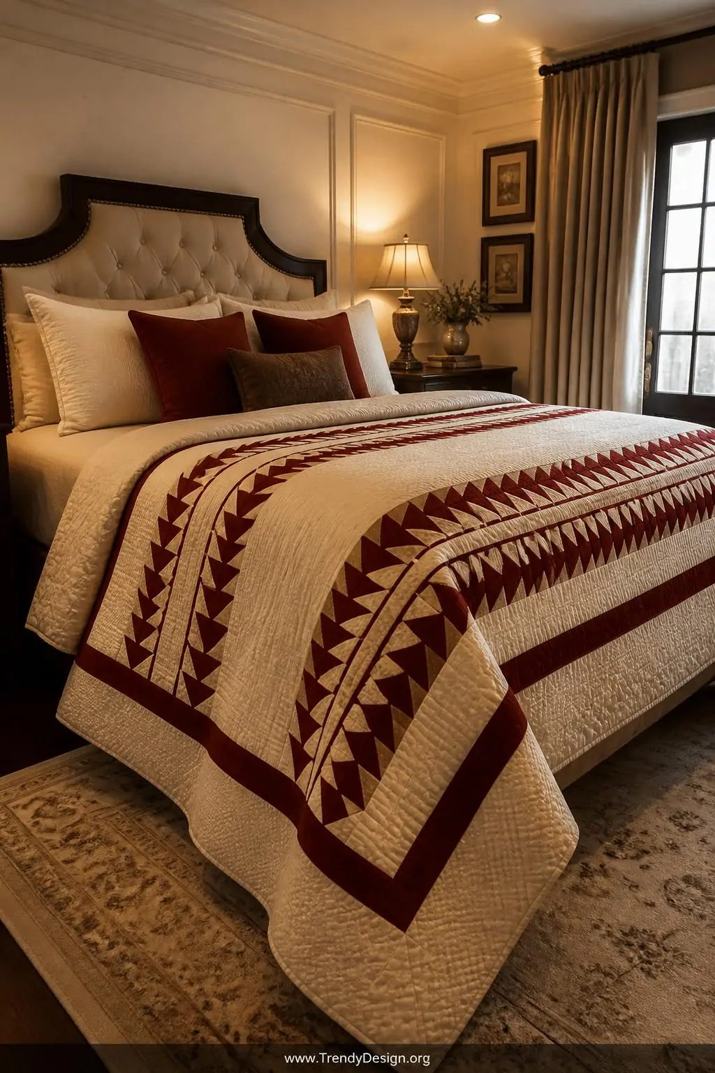 Medium shot of a luxurious king bed dressed in a statement quilt showcasing a double mirrored flying geese border, two parall