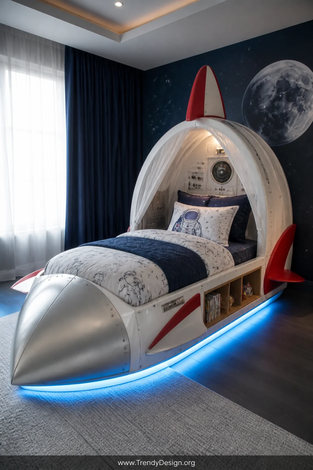 Medium photorealistic shot of a bold rocket ship bed frame in a boys bedroom, painted white and silver with red fin accents, 