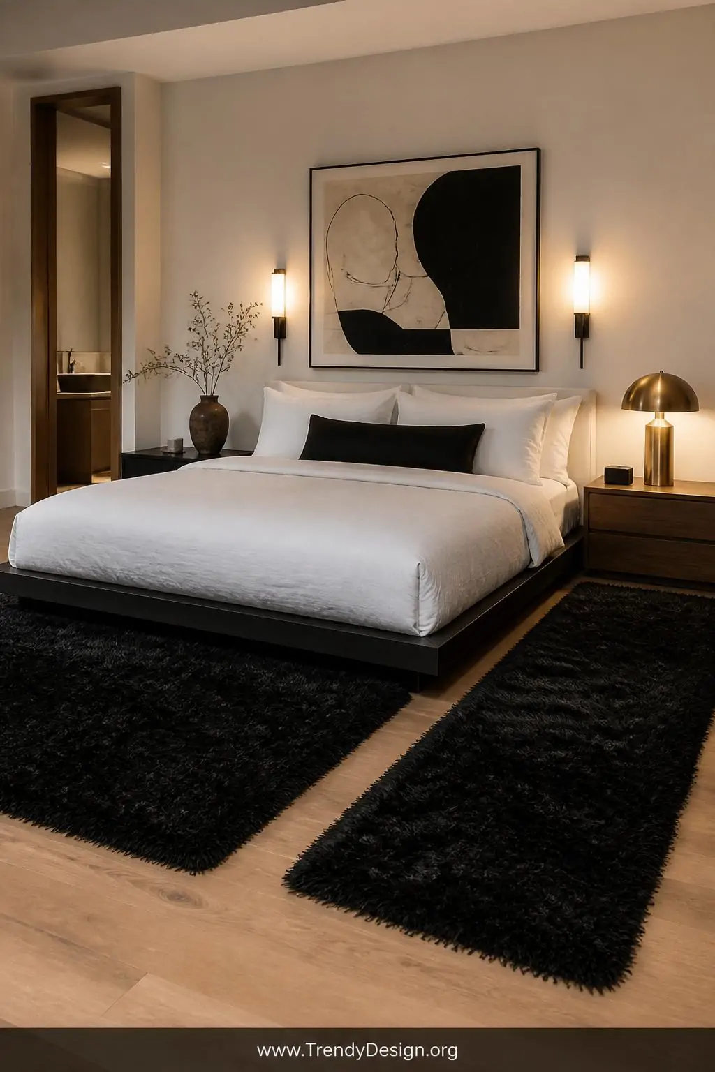 A medium-shot photorealistic bedroom interior featuring a plush black shag rug placed symmetrically on both sides of a low-pr