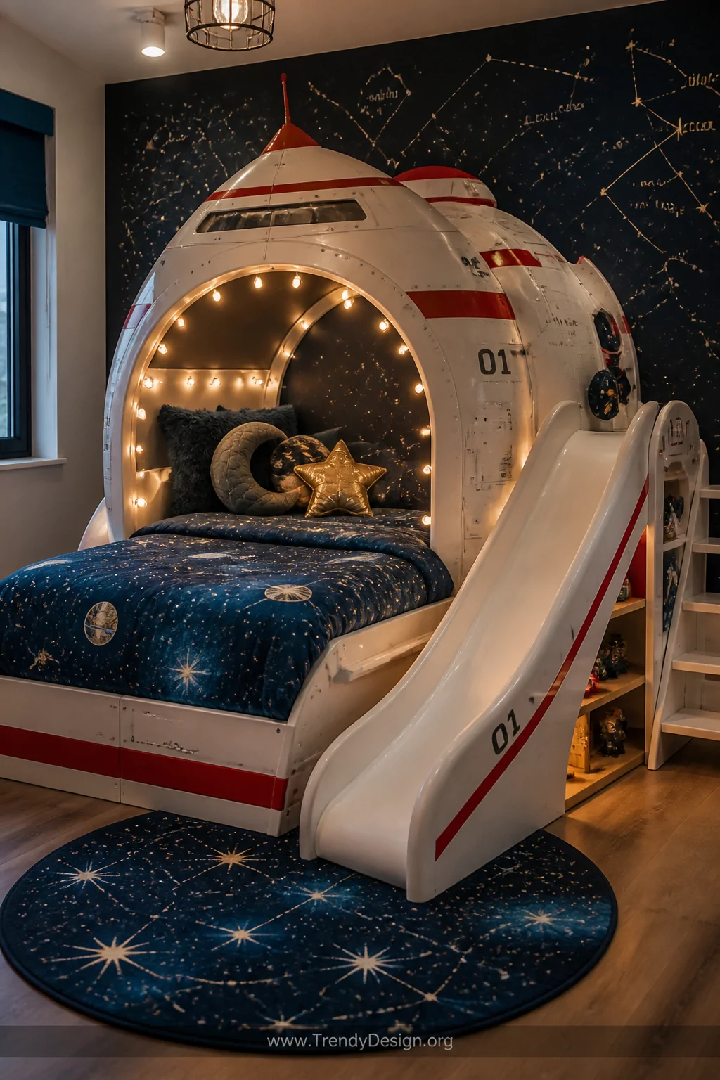 Medium photorealistic interior shot centered on a white and red rocket ship loft bed with a curved slide, dressed with a deep