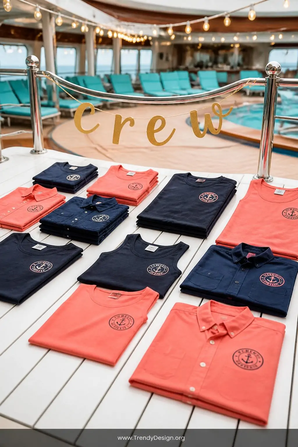 A medium-shot photorealistic interior design scene of a vibrant cruise ship Lido deck social lounge area styled for group coo