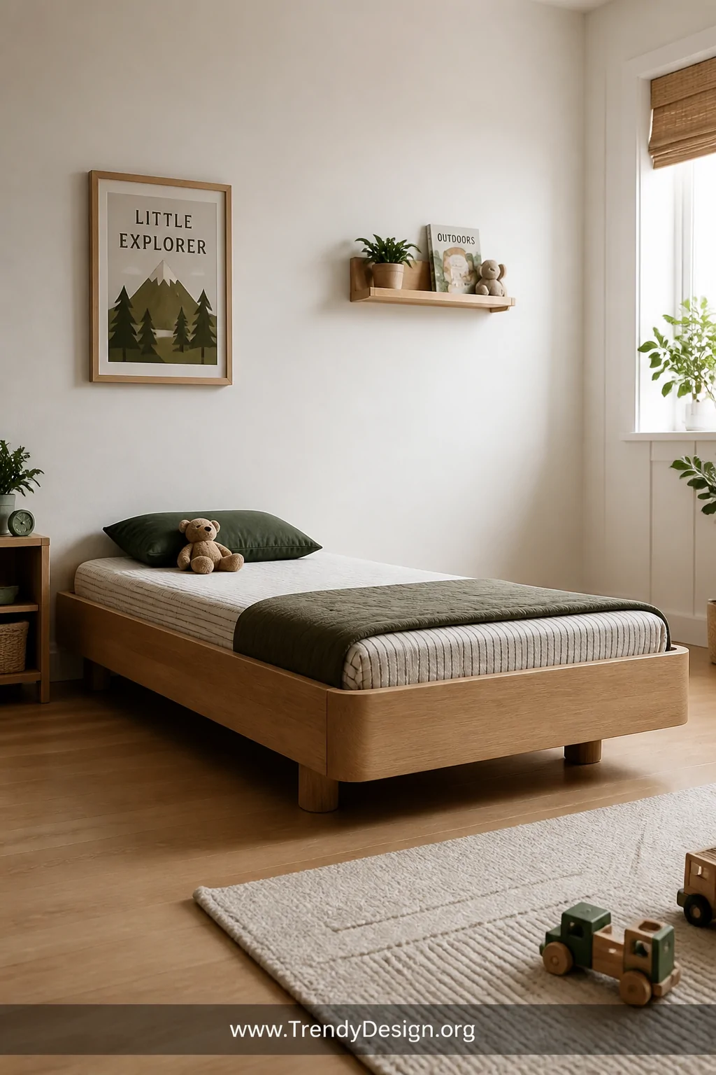 Medium photorealistic shot of a low-profile natural oak platform bed frame sitting 12 inches off the ground in a modern toddl