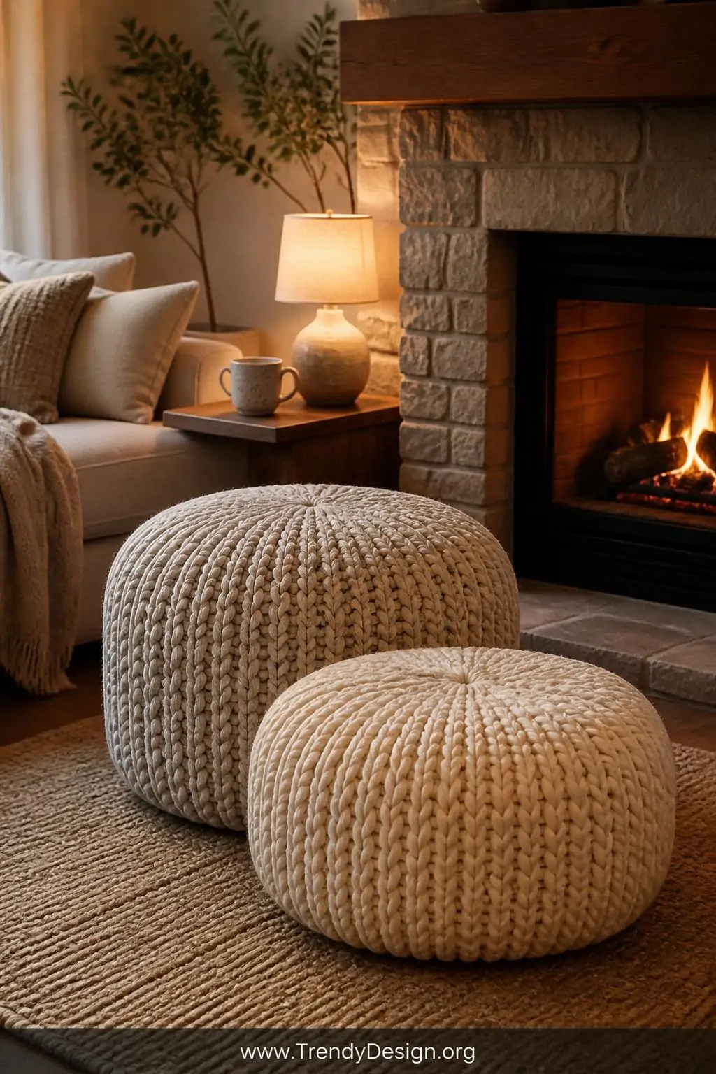 A medium-shot photorealistic interior of a cozy Scandinavian living room corner beside a stone fireplace, two chunky knit poo