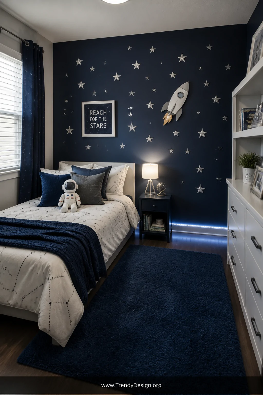 Medium photorealistic interior shot of a toddler boy's bedroom styled with an outer space theme, deep navy blue feature wall 