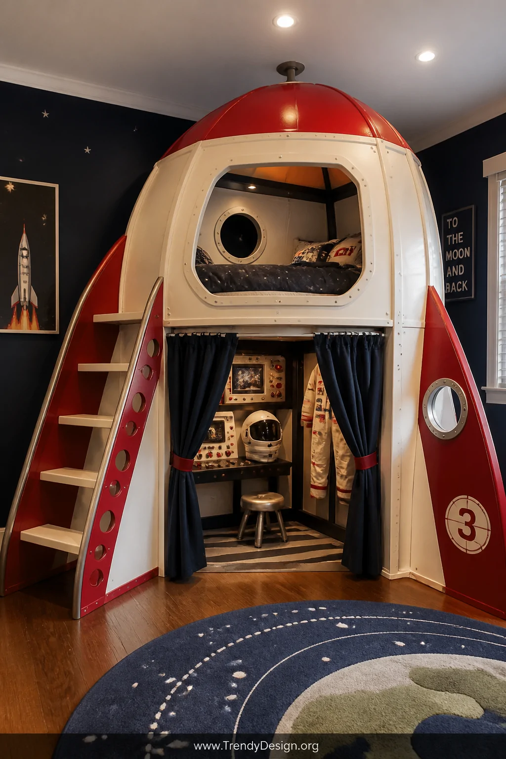 Medium photorealistic interior shot of a bold red and white rocket ship loft bed frame as the room's centerpiece, with a slee