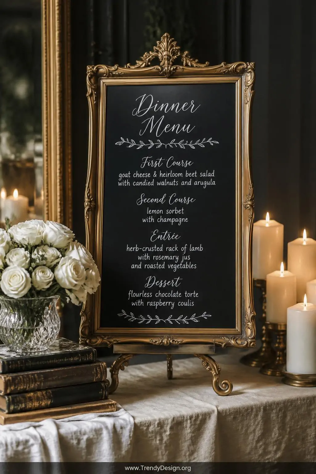 A medium-shot photorealistic styled vignette of an ornate antique gold-framed chalkboard propped on a small brass easel atop 