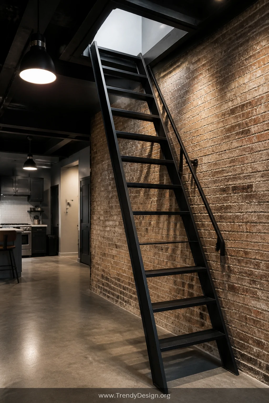 Medium photorealistic shot of a fixed matte black powder-coated steel attic ladder rising toward an open ceiling hatch, set a